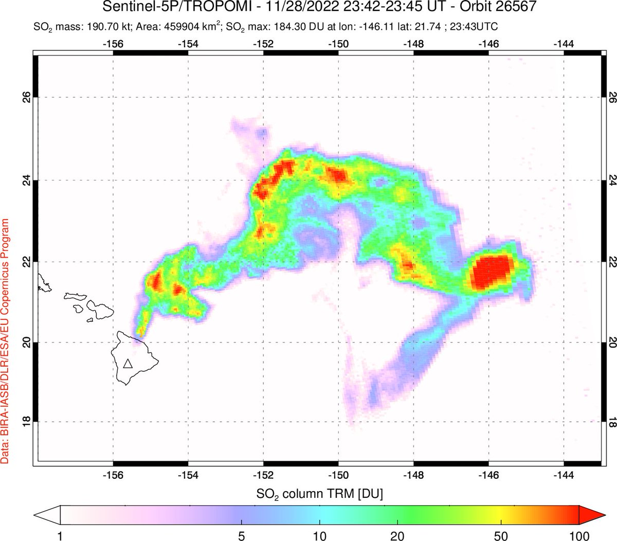 #Sentinel5P #TROPOMI data for the #MaunaLoa #eruption showing ~0.2 Tg SO₂ on Nov 28. SO₂ furthest east is at higher altitude than the plume nearer the #volcano. For reference, we estimate that the 1984 Mauna Loa eruption emitted ~1.2 Tg SO₂. <a href="/CopernicusEU/">Copernicus EU</a> <a href="/BIRA_IASB/">BIRA-IASB</a> <a href="/ESA_EO/">ESA Earth Observation</a>