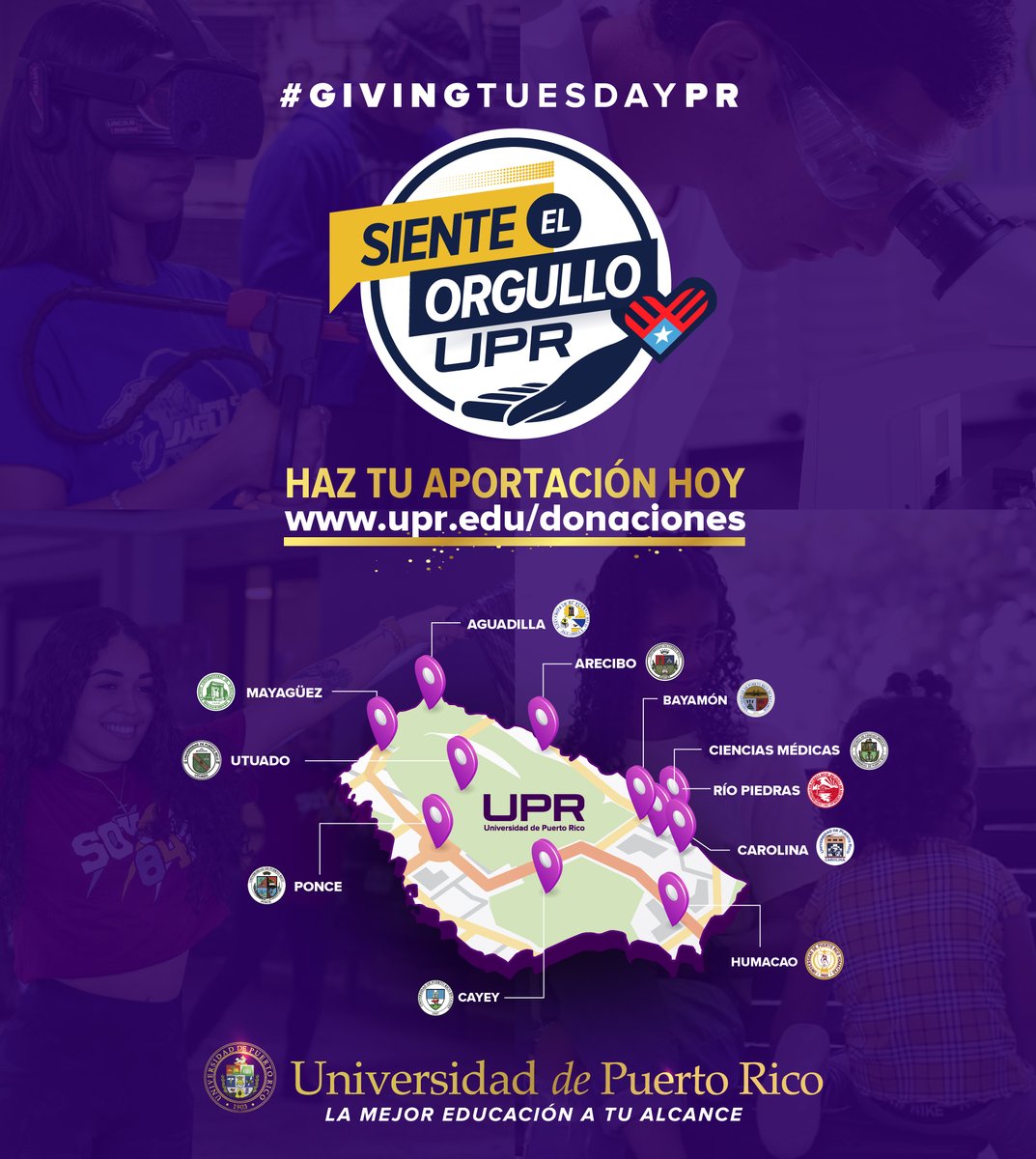 UPR_Oficial's tweet photo. ¡Hoy es el día! Únete con tu donativo a la celebración de #givingtuesdayUPR.
Visita https://t.co/gYpuZXS8mc y escoge la causa a aportar. Luego, comparte nuestro movimiento con tus amigos y familiares. #SienteOrgulloUPR https://t.co/TYonyIbbxh
