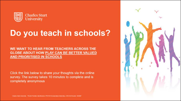 Calling all school teachers 'across the globe'! We want to hear your perspectives on how play can be better prioritised and valued in your school.

Survey here:
research.net/r/PlayPrioriti…

<a href="/pasi_sahlberg/">Pasi Sahlberg</a> <a href="/ImSporticus/">Sporticus</a> <a href="/williamdoylenyc/">William Doyle</a> @pilly66 <a href="/tonialgray/">Tonia Gray</a> <a href="/timrgill/">Tim Gill</a> @MikeHynes5 et al