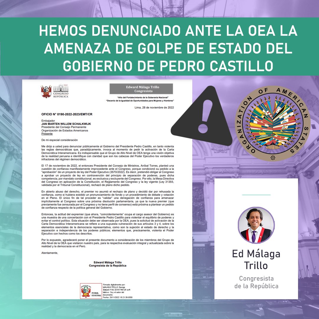 despachoEMT's tweet photo. 🚨Hoy enviamos un oficio a la misión de alto nivel de la @OEA_oficial para denunciar la amenaza golpista del gobierno de @PedroCastilloTe, que configura una abierta violación a la carta democrática de la OEA que él mismo invocó. https://t.co/mHTf00HPX8