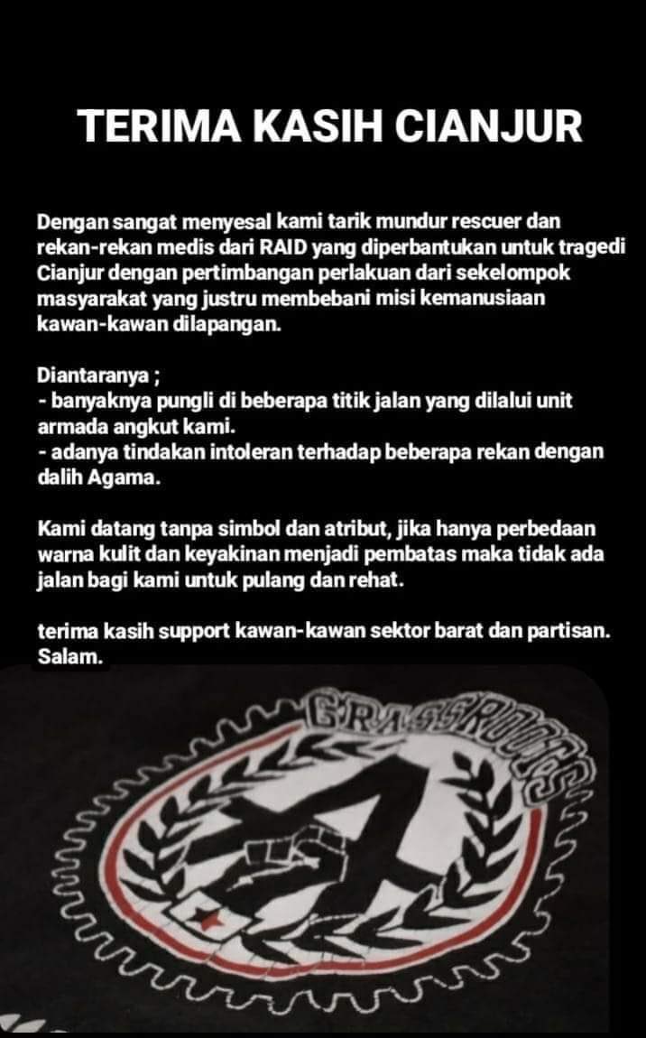 Tanggung jawabmu akan ditagih diaheratmu. 
Semua pihak yang memberikan bantuan untuk yang tertimpa musibah wajib dihargai, pantas diapresiasi. Bahkan wajib untuk saling bersinergi, bukannya menjatuhkan.
#Prihatin_Cianjur