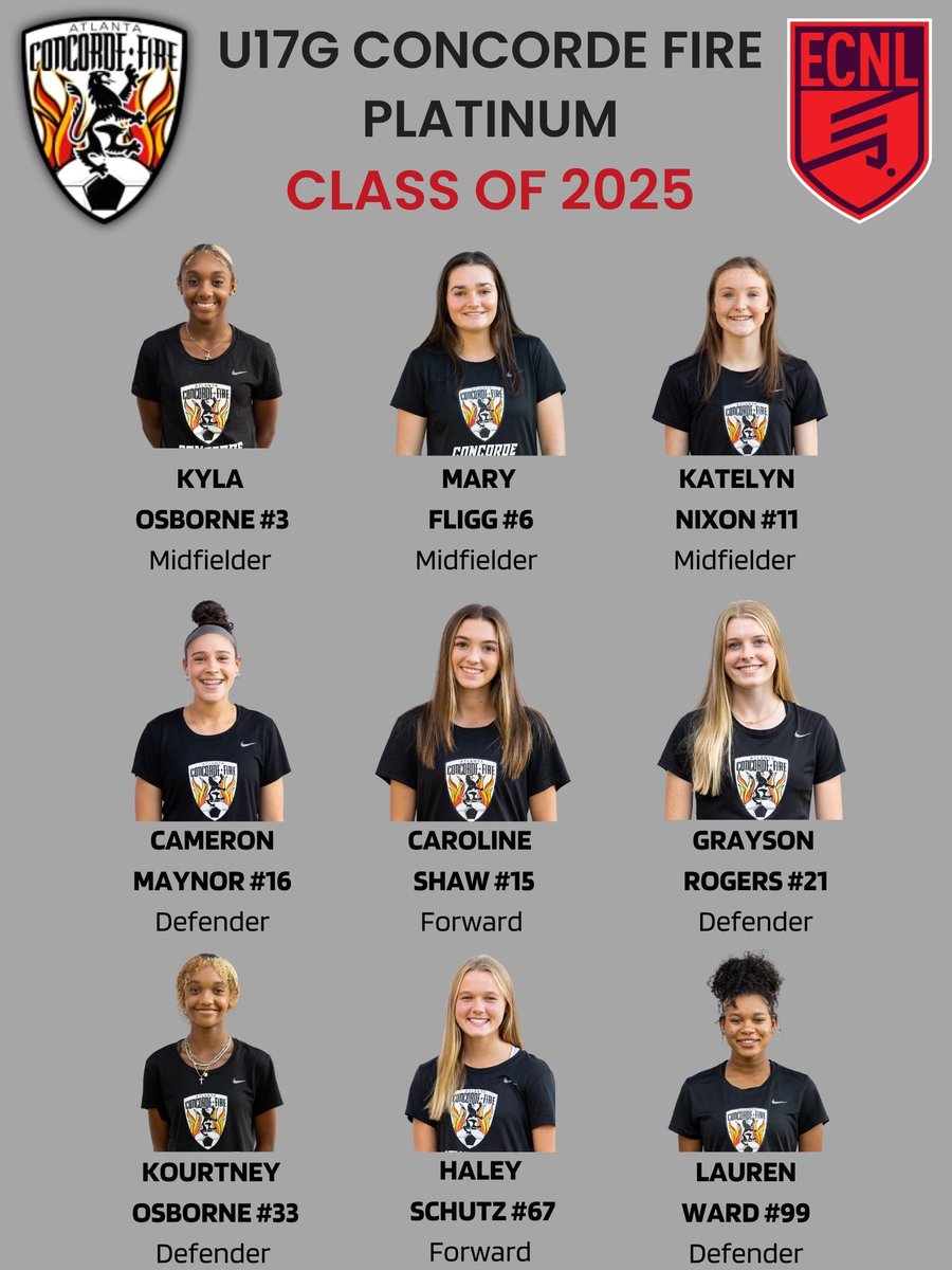 Our U17G Concorde Fire Platinum 

Class Of 2025 players:  

<a href="/TopDrawerSoccer/">TopDrawerSoccer</a> <a href="/PrepSoccer/">Prep Soccer ⚽️</a> <a href="/ImCollegeSoccer/">College Soccer Truth ™</a> <a href="/ImYouthSoccer/">ECNL/GA/Recruiting/College Soccer</a> 

<a href="/KYLAOSBORNE2025/">KYLAOSBORNE3</a> <a href="/MaryFligg2025/">Mary Margaret Fligg</a> <a href="/KatelynNixon_11/">Katelyn Nixon</a> <a href="/cameron_maynor/">@CameronMaynor2025</a> <a href="/carolines2025/">Caroline Shaw</a> <a href="/GrayRogers2025/">Grayson Rogers</a> <a href="/KourtOsborne33/">Kourtney Osborne</a> <a href="/HaleySchutz67/">Haley Schutz</a> <a href="/LaurenW2025/">Lauren Ward</a>