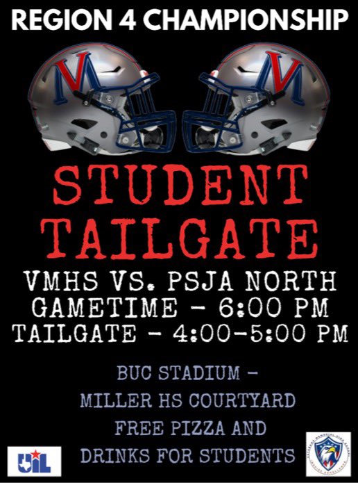 Calling all Eagles! Join us for a Student Tailgate before the game on Saturday! Eagle Community - if you are interested in supporting/sponsoring our Eagle Tailgate please contact either Scott Walker <a href="/scott_walker33/">Principal Walker - VMHS</a> or Tamara Ritchie @VMHS_Ritchie #EaglePride