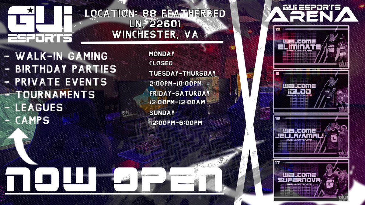 GUI Esports Arena is Now Open!  We are located at 88 Featherbed Lane in Winchester Va.  We offer walk-in gaming, Birthday Parties, Private Events, Esports Tournaments, Leagues, Camps, and much more.  For more information visit us at linktr.ee/guiesports