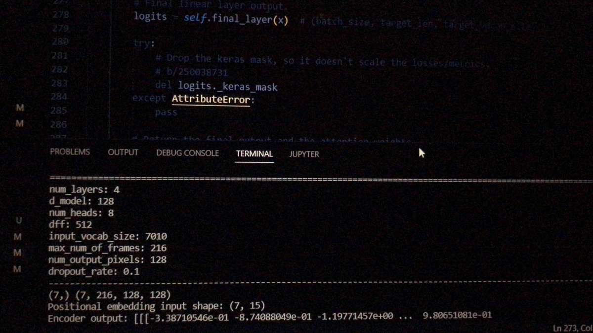 LuthandoMaqondo's tweet photo. Just finished the encoder part of my #transformer, it takes input sentences constructed from the English language (with a decent vocab size).
So, I’m sitting at 1/3 of the work that needs to be done.

#GenerativeAI 
#StayCurious https://t.co/B3VkX1c86t