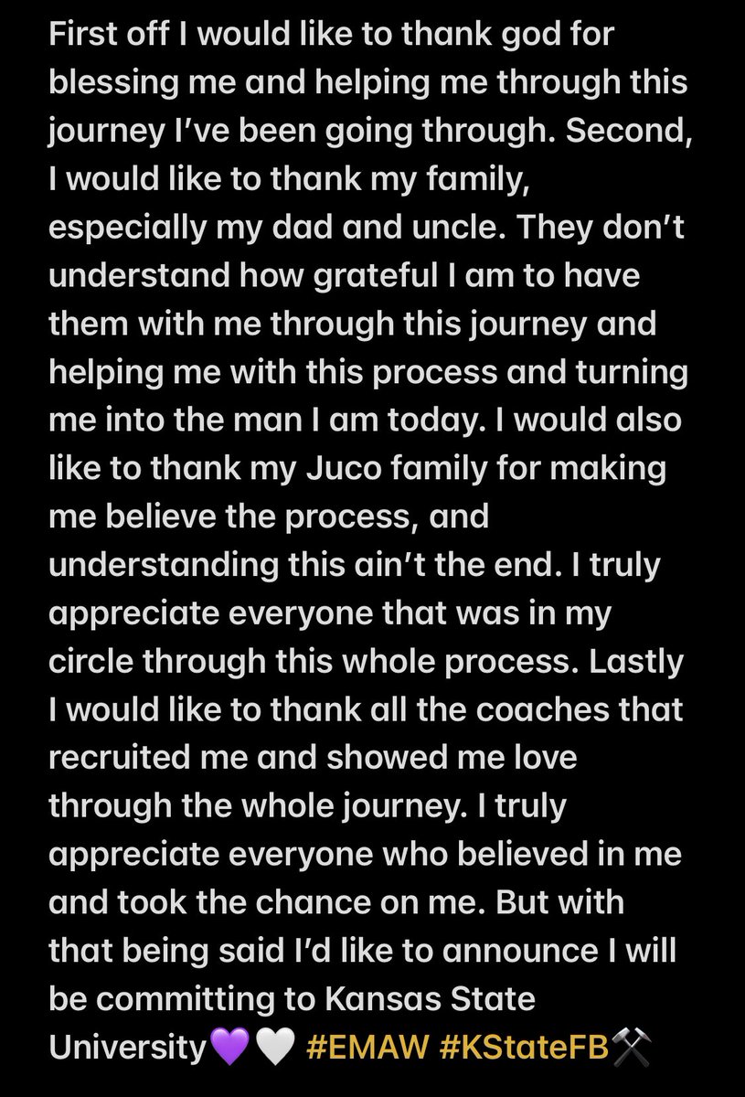 Committed 1000% 💜🤍 <a href="/KStateFB/">K-State Football</a> #EMAW <a href="/CoachStrohmeier/">Scott Strohmeier</a> <a href="/CoachEricFinney/">Eric Finney</a>