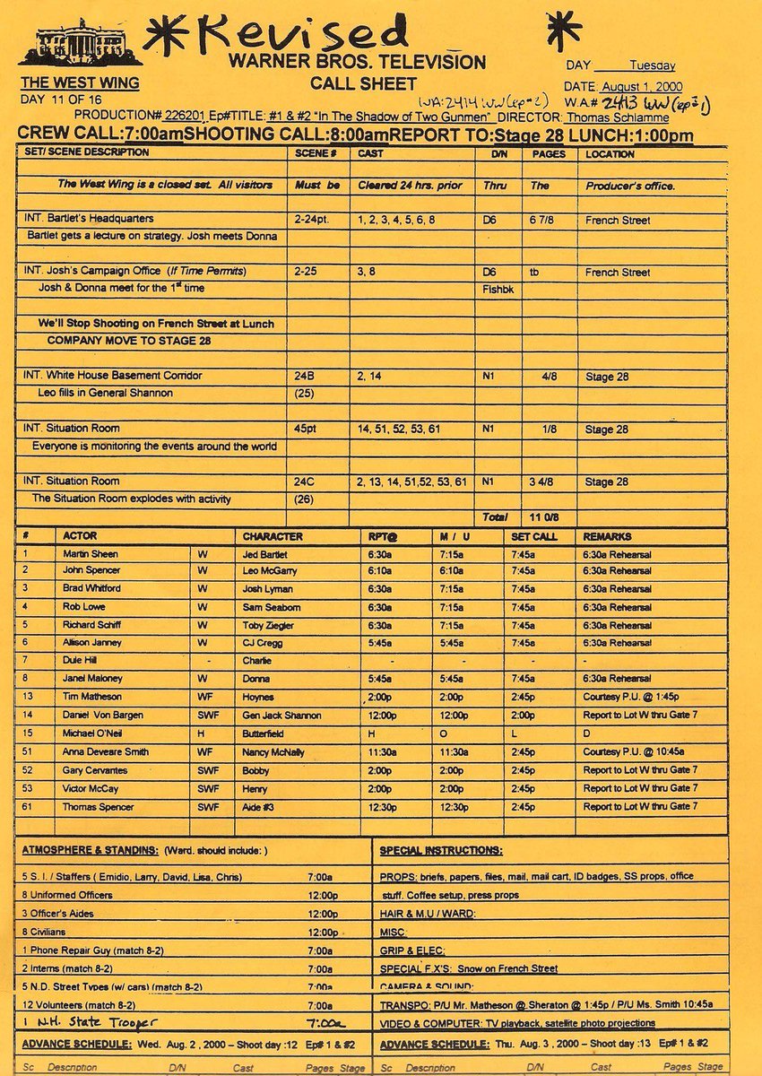 wlwendycarr's tweet photo. call sheet for in the shadow of two gunmen https://t.co/cmhJPUEfpy