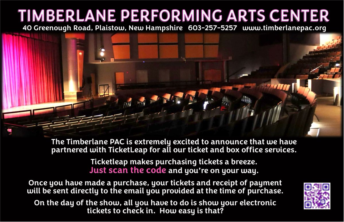 TimberlanePAC's tweet photo. The Timberlane PAC is extremely excited to announce that we have partnered with TicketLeap for all our ticket and box office services. Ticketleap makes purchasing tickets a breeze. Just scan the code or click the link https://t.co/aoyQ8eT2fS and you’re on your way. https://t.co/kur4fVcUzD