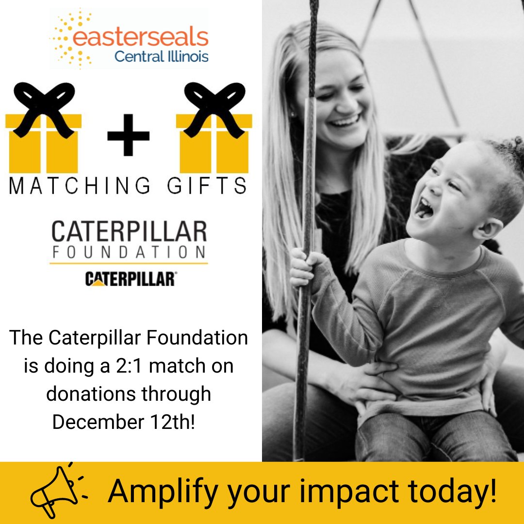The Caterpillar Foundation is doing a 2:1 match on donations to Easterseals Central Illinois through December 12th! You can amplify your impact this holiday season. 

Step 1: Make a donation: esci.link/givenow Step 2: apply the match: esci.link/catmatch