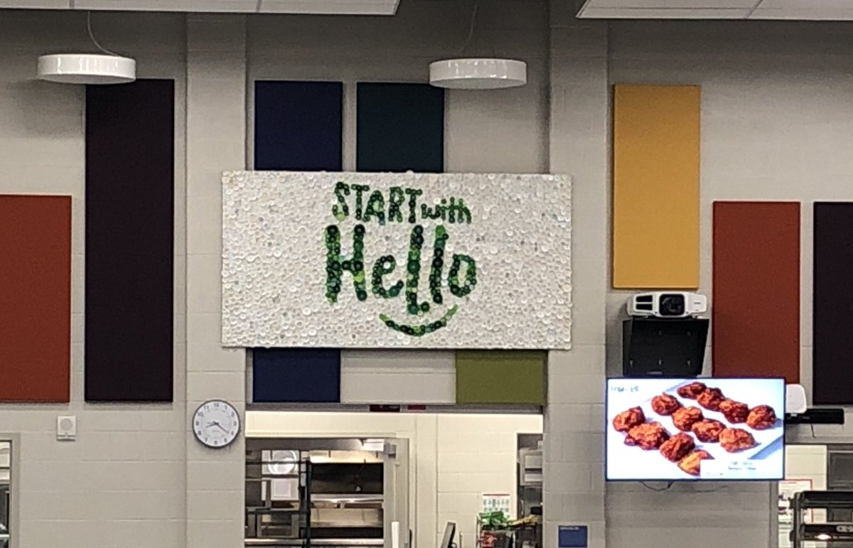I was surprised and excited to see our #StartWithHello mural project hanging up in the @NRAC3_8 cafe this morning! This is a great reminder for our students to include others who might be sitting alone at lunch. @NRCSRangers @MrsF_Counselor @MrsNRRoth @sandyhook #RangerSTRONG