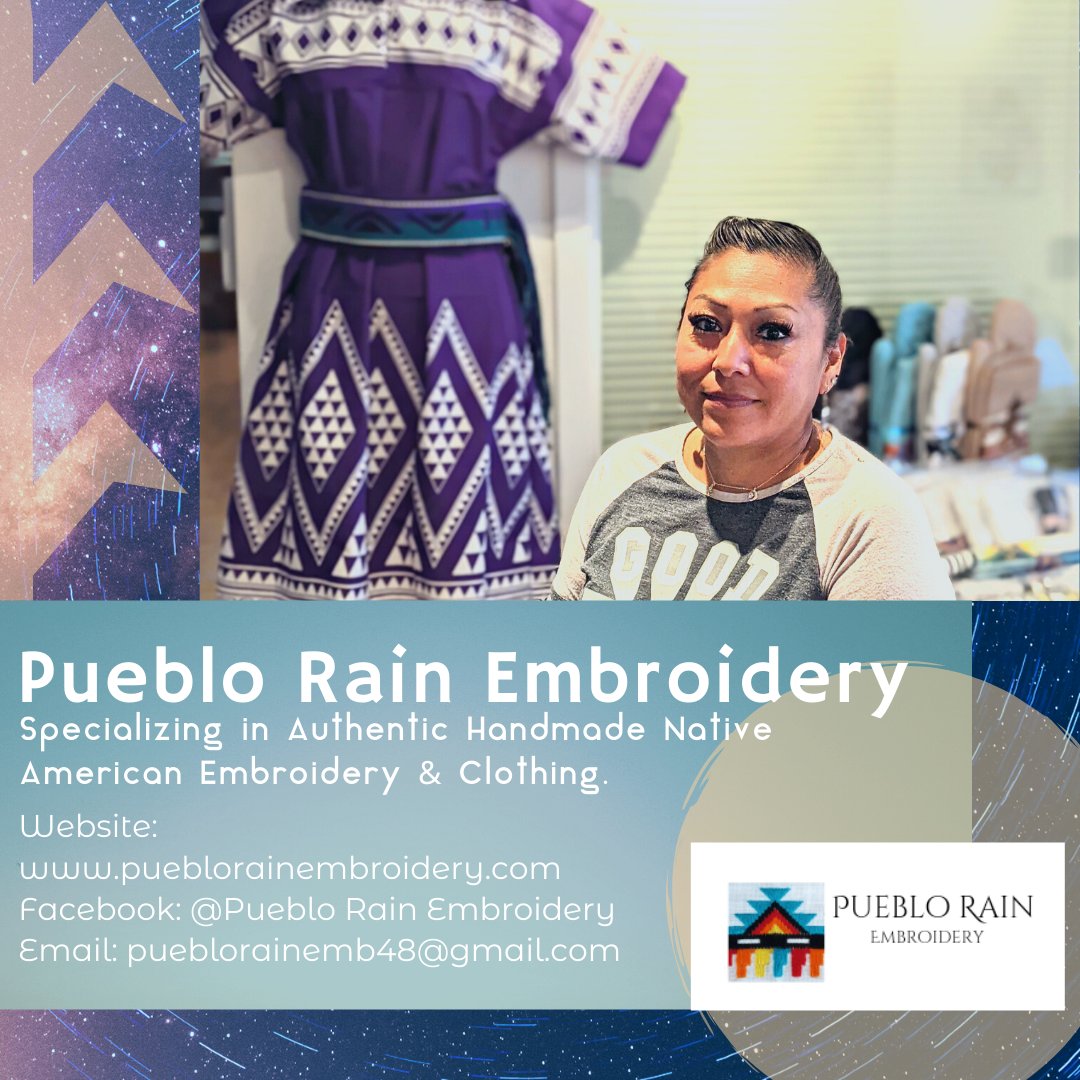 FutureIsIndigi's tweet photo. Today we would like to recognize Kami Valencia owner of Pueblo Rain Embroidery who is a Creative Cohort member ✨ Kami has amazing designs and does a wide variety of items! Go check out her website! 
Website: https://t.co/3ijm9z2MnV
Socials: @Pueblo Rain Embroidery(FB)
#buynative https://t.co/wpKNk8v1iP