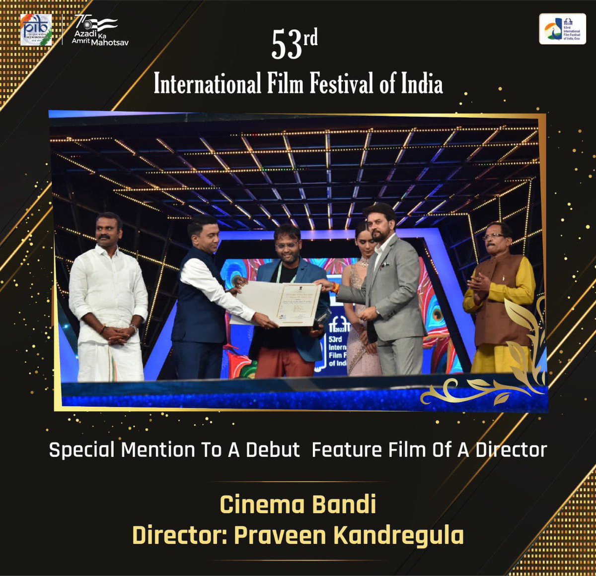 Special mention to a Debutant feature film director award given to @praveen5D for #CinemaBandi @ 53rd International Film Festival of India 👏👏👏👏👏 @rajndk @kpprathyu1 @VasanthMaringa1 @sirishsatyavolu @smayurk @imVdeshK @VaranasiSandee9 @Dharmi_edits @vijaydonkada #IFFI2022