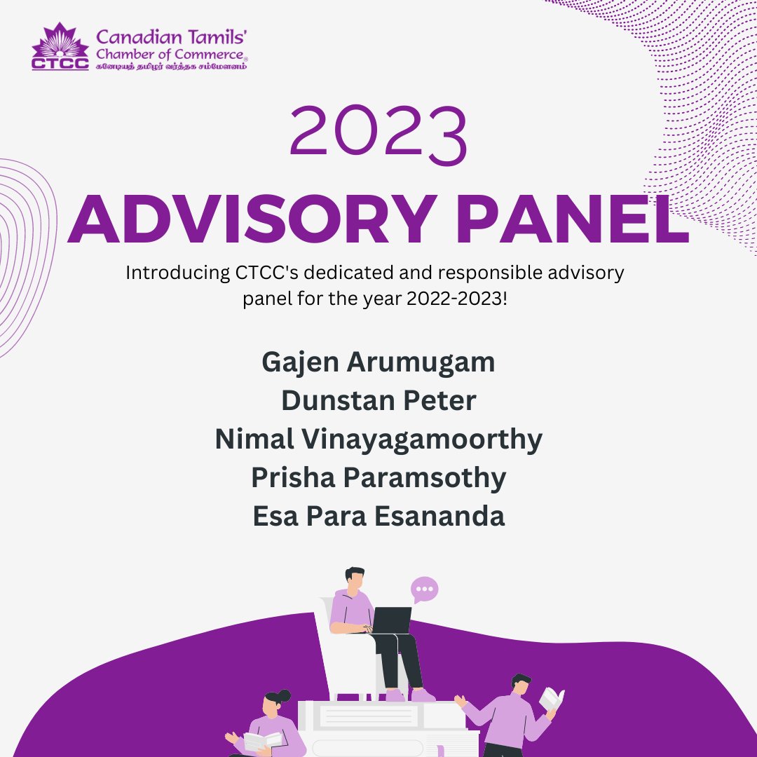 We are pleased to announce the following members as our #CTCC 2022/2023 #AdvisoryPanel! 

1. Gajen Arumugam
2. Dunstan Peter
3. Nimal Vinayagamoorthy
4. Prisha Paramsothy
5. Esa Para Esananda

We are very happy to welcome this group of talented, experienced Advisory Panel members