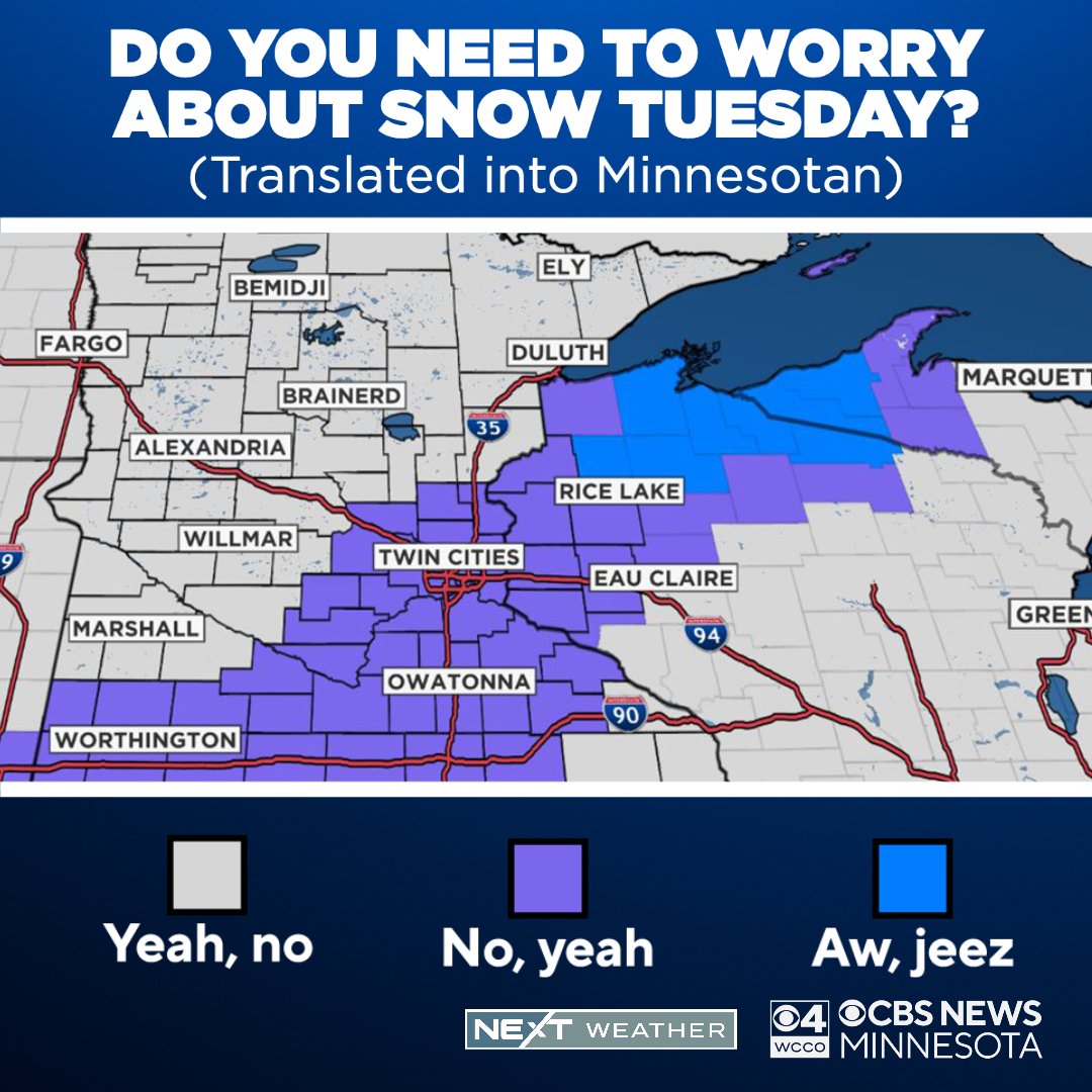 WCCO's tweet photo. SNOW INCOMING… but not for everybody! Here’s the local-approved way to talk about tomorrow’s snow.

Full NEXT Weather forecast: https://t.co/hcQdTgLVf6 https://t.co/Lj4DgQMFYa