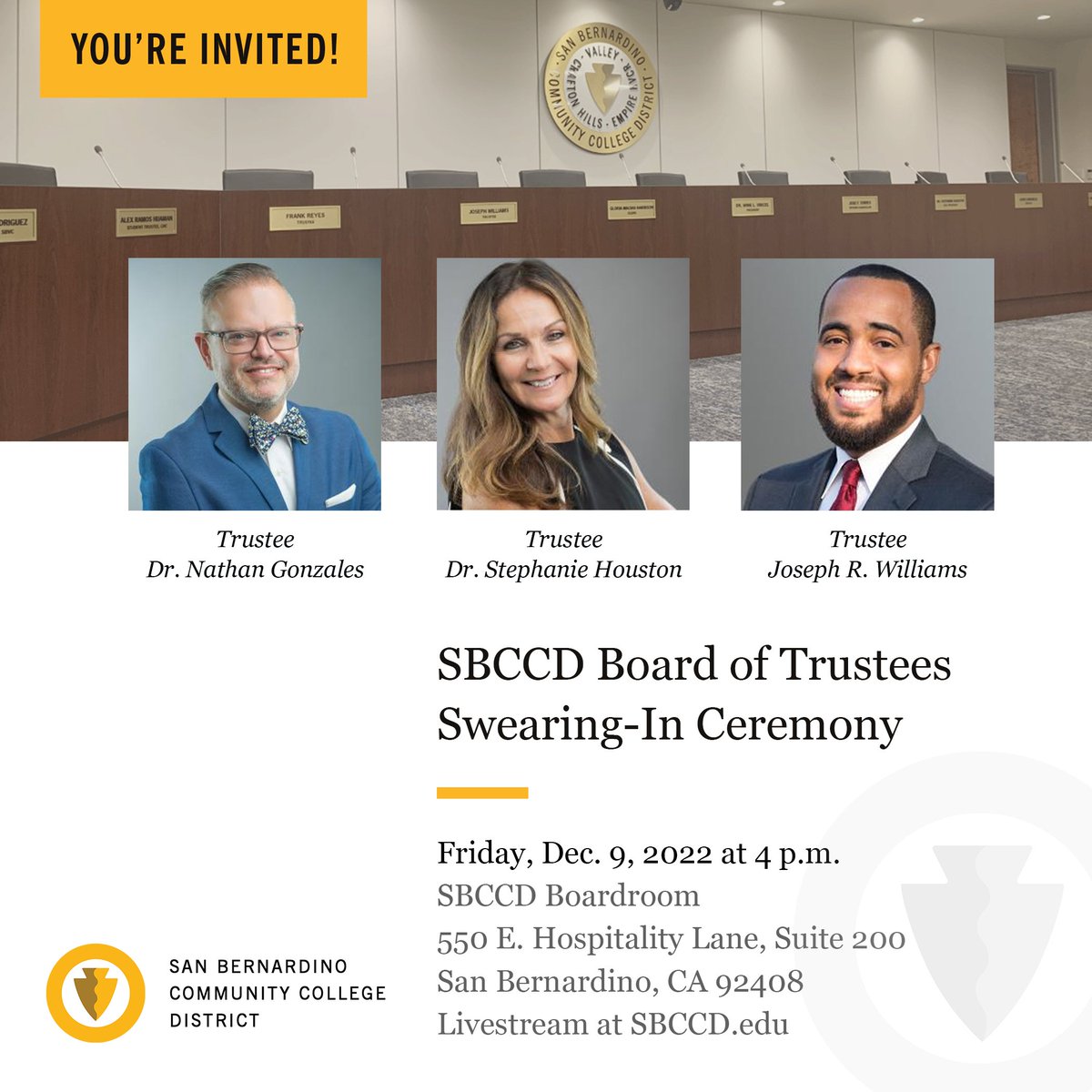 SBCCDcolleges's tweet photo. #SBCCD is governed by Trustees focused on opening doors of opportunity for all. On Dec. 9, Trustees Dr. Nathan Gonzales, Dr. Stephanie Houston &amp; Joseph R. Williams take the oath of office &amp; start a new term to advance the mission of @MyCraftonHills, @sbvalleycollege, @EmpireKVCR. https://t.co/aLHucMzHPD