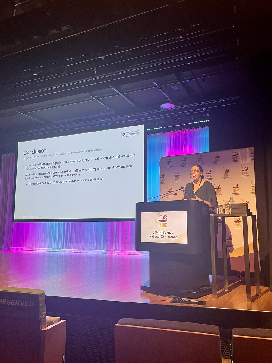 @DanielleCaveAPD presenting her PhD research at the #IHHCaus national conference, highlighting that nutrition is everyone's business in aged care!