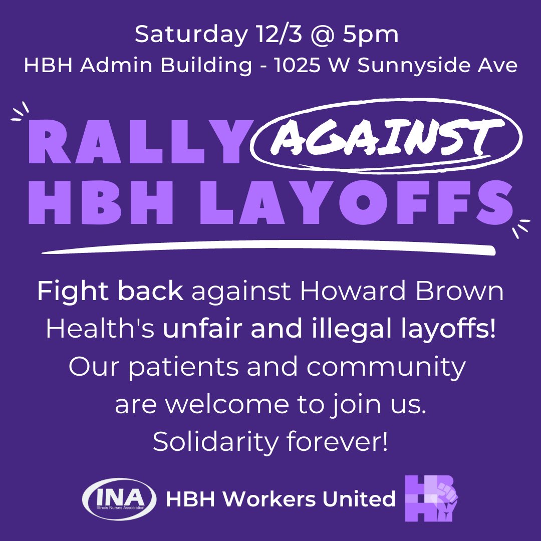 HBHWorkers's tweet photo. What Howard Brown is doing is illegal and we’ve had enough. It’s time to let leadership know that we will not stand for this. Join us this Saturday as we make our voices heard and demand NO layoffs. 

#hbhNoLayoffs  
#ChopFromTheTop 
#EssentialNotDisposable https://t.co/f2BkE38Ycr