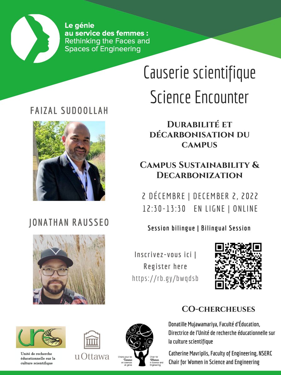 Rejoignez l'équipe d'EngFemmes lors de la prochaine causerie scientifique bilingue axée sur la durabilité et la décarbonisation du campus, en ligne ce vendredi 2 décembre à 12h30. Inscrivez-vous ici : rb.gy/bwqdsb <a href="/Janelle4nier/">Janelle Fournier</a> <a href="/CWSE_ON/">CWSE-ON</a>