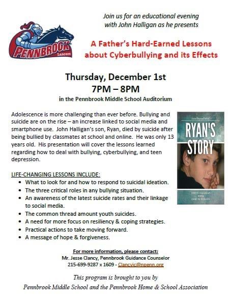 This Thursday we are hosting a parent educational session on Cyber bullying! We invite you to join us to hear Ryan's Story by John Halligan.