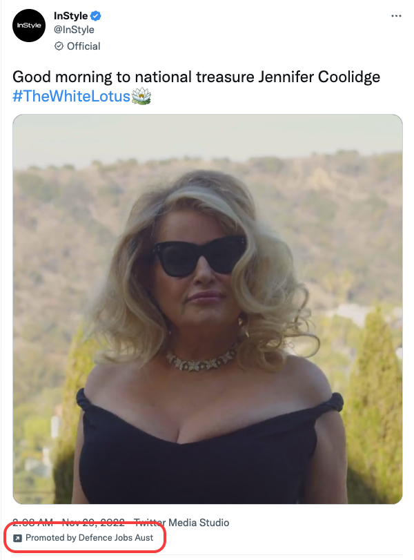 batshit_auspol's tweet photo. Either twitter is rapidly falling apart or the Defence Department is running a recruitment drive targeted at fans of Jennifer Coolidge https://t.co/koATpgZj5d
