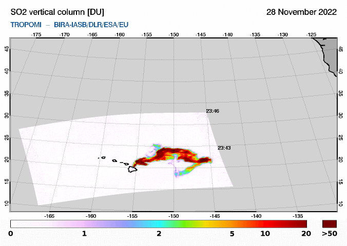 Latest #MaunaLoa observation from #TROPOMI at  23:42 UTC shows a nice SO2 plume. Quicklook image from the #SACS system.