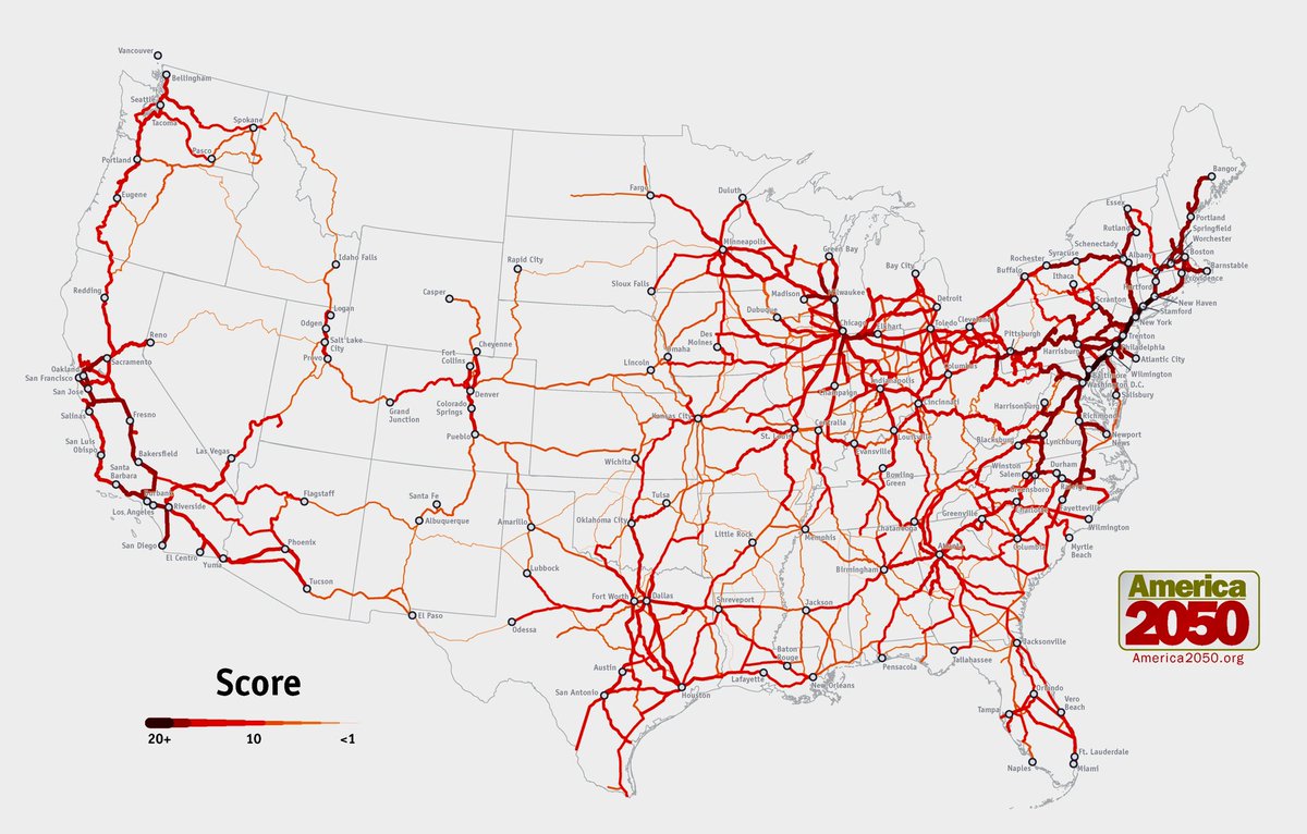 the_transit_guy's tweet photo. What do you make of the scoring of rail corridors for high speed rail in the USA? The deeper the red, the more suitable HSR is. https://t.co/JQ8HllZ0Hn