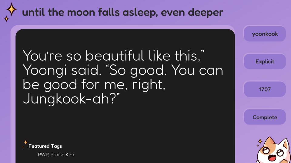 sugakookiefest's tweet photo. until the moon falls asleep, even deeper 
yoonkook
Explicit, 1707 words, Complete
✨ https://t.co/7ee1EuySX2 https://t.co/FZWGJrRMub