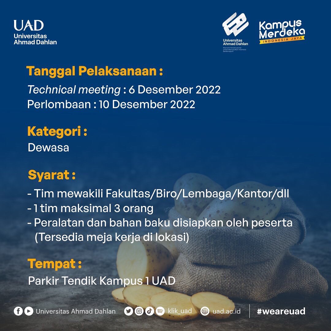 klik_uad's tweet photo. Untuk memperingati milad ke-62 Universitas Ahmad Dahlan, @klik_UAD mengadakan lomba Cooking Master antar unit nih. Hadiahnya banyak loh! yuk daftar😁🔥

#universitasahmaddahlan #islamberkemajuan #wearuad #uad #uadjogja #muhammadiyah #miladuad62 #milad62 #cookingmaster #lombamasak https://t.co/S8g2JkQY0m