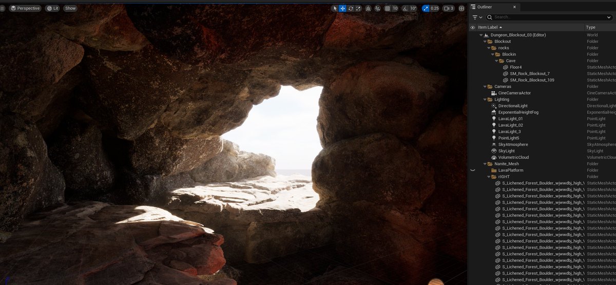 travisfike's tweet photo. Creating a space to learn Unreal's Nanite tech and mega scan library, holy hell this stuff is amazing.  Creating a cave. #UnrealEngine5 https://t.co/BQjMejGCub
