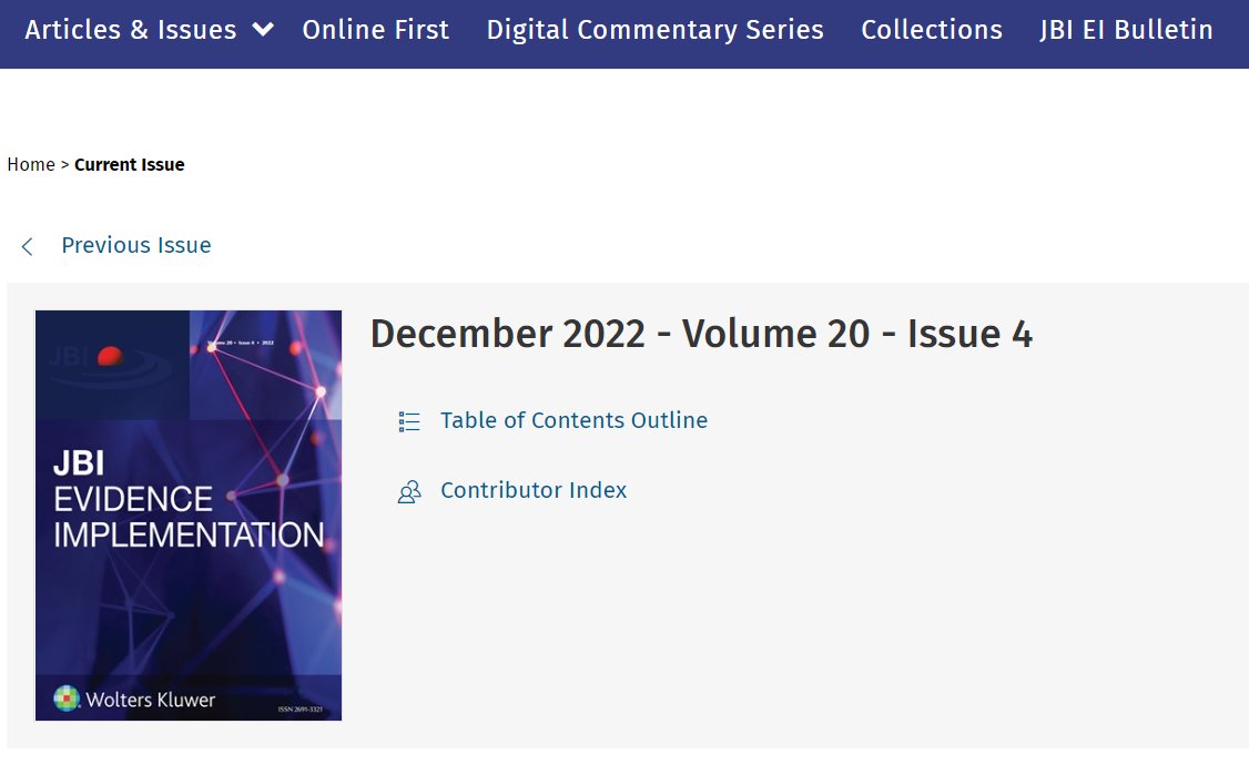 The Dec. issue of <a href="/JBI_EI/">JBI EVIDENCE IMPLEMENTATION</a> is available now!!
This packed final issue for 2022 contains useful examples of quality improvement and showcases collaborative research using the investigative process of audit and feedback #JBIPACES 
With FREE ACCESS content: 
journals.lww.com/ijebh/Pages/cu…