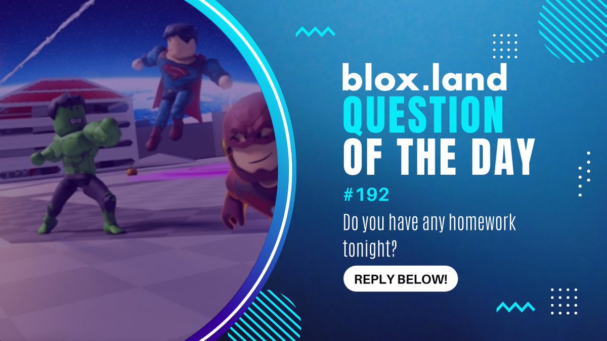 BloxLandRBX's tweet photo. ❓ Question of the day ❓ #qotd

Do you have any homework tonight? 📝

Reply below for a chance to win our weekly 5,000 #robux #giveaway!
Follow us to win!
#bloxland #roblox 👇 https://t.co/VRUo7osGi9