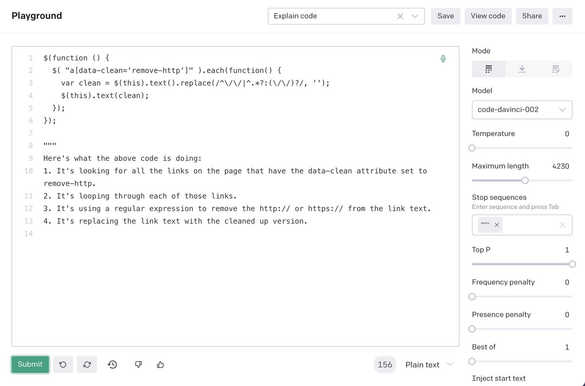 mattvaru's tweet photo. For folks in @webflow that want to get better at learning how JS works:

Next time you're pasting code from the forums into your project, paste the code that you're using into the GPT-3 playground and ask it to explain what the code does. Not always great, but it mostly works! https://t.co/TGhg1ny1e8