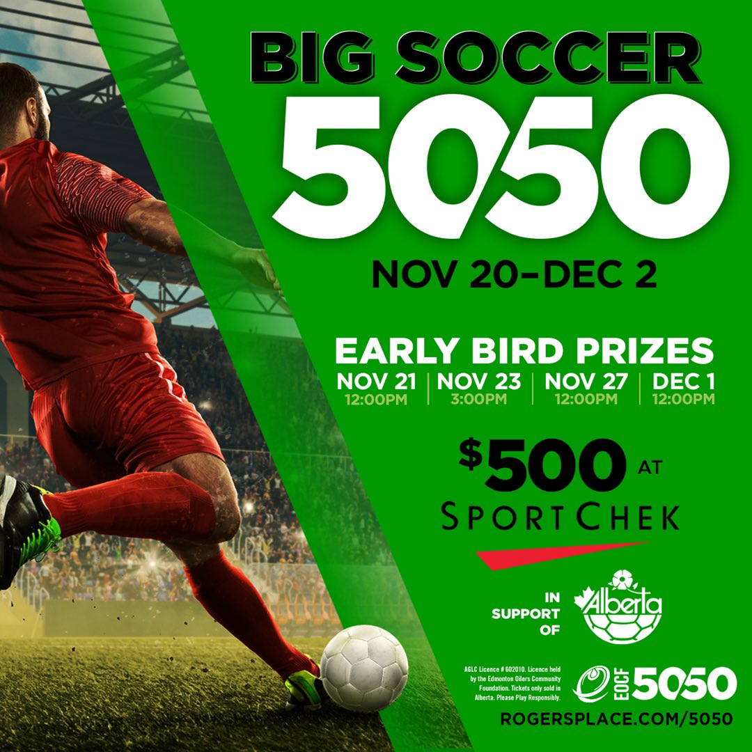 Alberta Soccer has teamed up with the Edmonton Oilers Community Foundation (EOCF) for a Big Soccer 50/50!
 
We encourage you to show your support by purchasing a 50/50 ticket. Please use the unique purchase link provided below to get your tickets.
 
rogersplace.com/BigSoccerEMSA