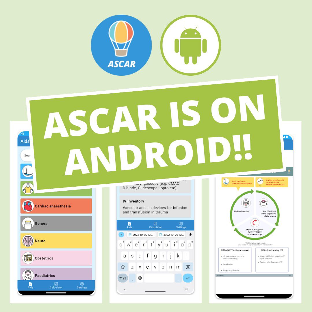 ascargroup's tweet photo. We are SO excited to release the long anticipated Android ASCAR App:

https://t.co/JlTWH9PA5m

The App is now live on the Play Store.

Free to download, the app is an intuitive, easily searchable library of all our cognitive aids with an integrated, drug and equipment calculator. https://t.co/qArg3VV9Gt