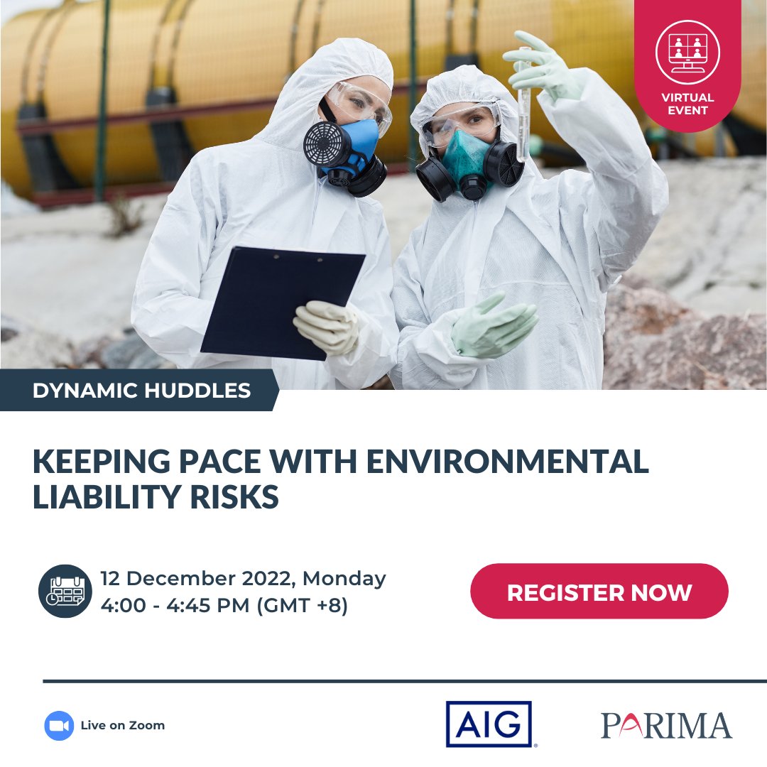 PARIMAorg's tweet photo. Join our #DynamicHuddles with @AIGinsurance on environmental regulations framework, types of #environmentalrisks that can be transferred via pollution liability insurance &amp; what risk managers from different parts of the region can learn from this. Sign up! https://t.co/RC8NCi6KfV https://t.co/92K7AGWdcF