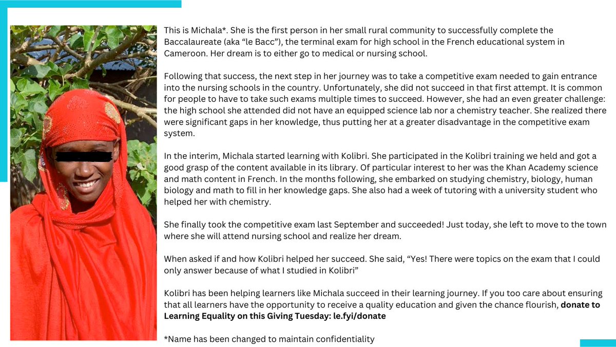 LearnEQ's tweet photo. On this #GivingTuesday, we highlight the trailblazing story of an incredible young woman in Cameroon who discovered Kolibri and, with its help, succeeded in her dream of becoming a nurse. 
When #KolibriFly, learners fly along with it. Please donate: https://t.co/r1EtDXNfX1 https://t.co/Zbjm656ItT