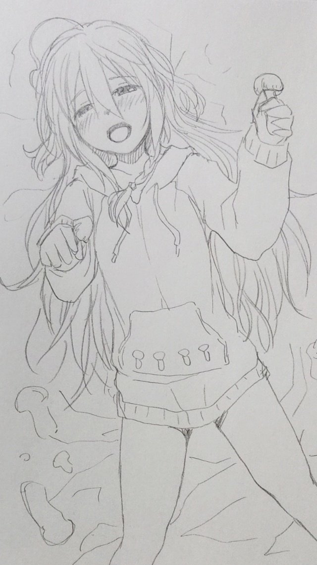 キノコにまみれご満悦の輝子のらくがき 