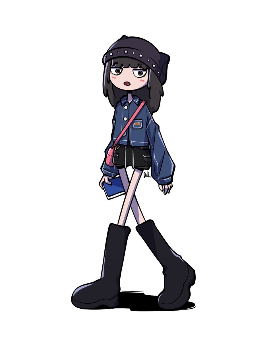 1girl solo black hair boots hat black footwear shorts  illustration images