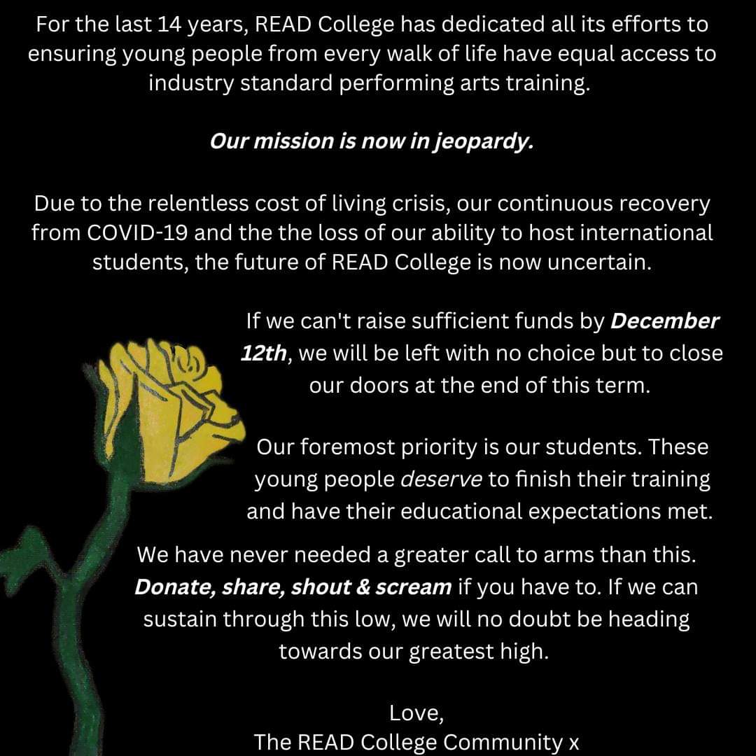 We are saddened to hear this morning that <a href="/ReadCollege/">READ College</a>, Reading's only vocational performing arts college, is at an immediate threat of closure.

Please share this post wider and donate if you can: paypal.com/donate/?campai…  

We know only too well how challenging it is to survive.