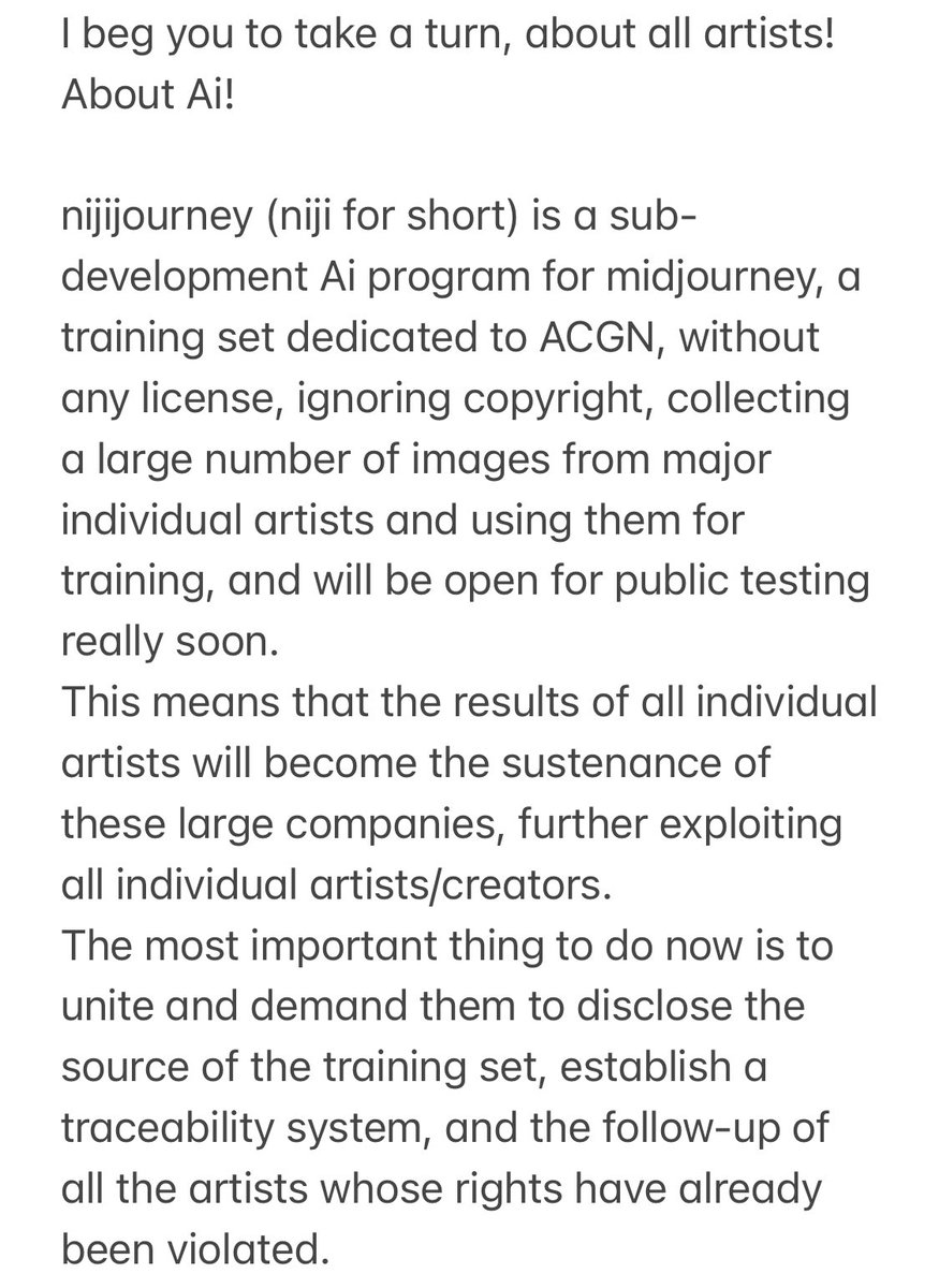 suenorocky's tweet photo. #aiart #art #nijijourney #midjourney I beg you to take a turn, about all artists! About Ai! Individual artists are having their work stolen without restraint and it all becomes the sustenance Ai uses to make money! Please unite and demand niji to be strict with the training set! https://t.co/ZjLRePJWgn