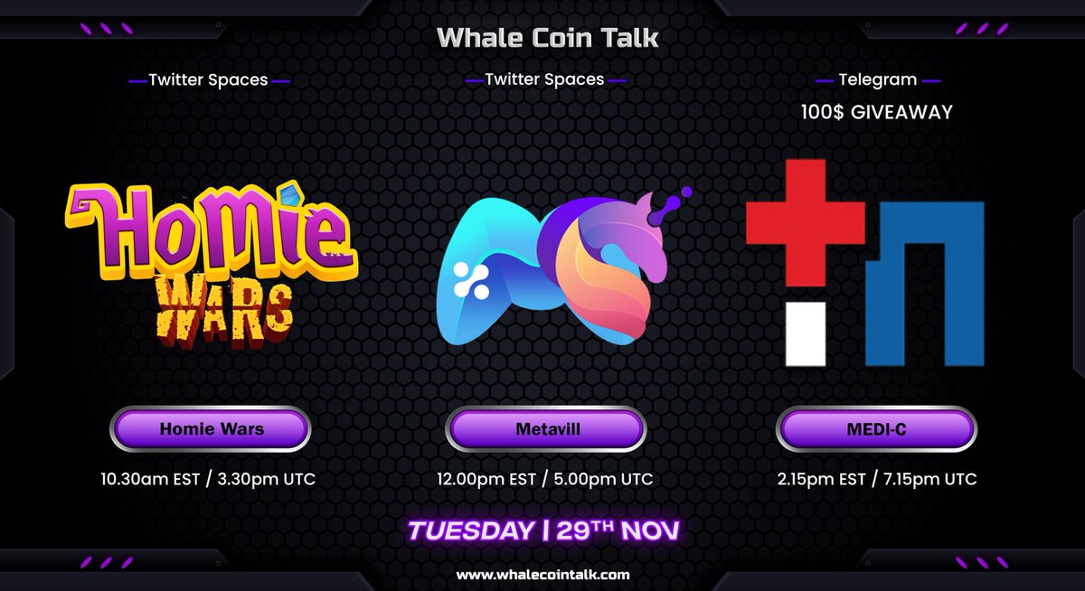 WhaleCoinTalk's tweet photo. AMA ANNOUNCEMENT 📢

➡️ Join: https://t.co/fnXbRkiLpx
➡️ Follow: @whalecointalk
🏦 Join our Telegram #AMA with @TheRealMedi_C and Twitter space with @homie_wars &amp; @Metavill_io.

You also stand a chance to win a share of $100 at the end of the AMA. https://t.co/ytMnrSEqHX