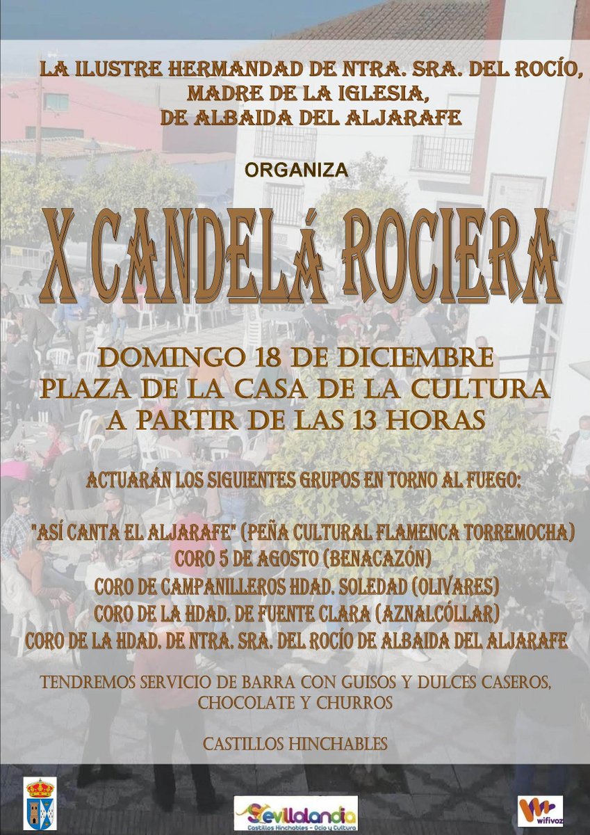 HRocioAlbaida's tweet photo. El domingo 18 de diciembre celebraremos la décima edición de nuestra Candelá Rociera.
Lo haremos en la plaza de la Casa de la Cultura y contaremos con un amplio cartel de actuaciones que nos deleitarán con sus cantes alrededor del fuego.
¡Os esperamos! https://t.co/HmTSKOykZY