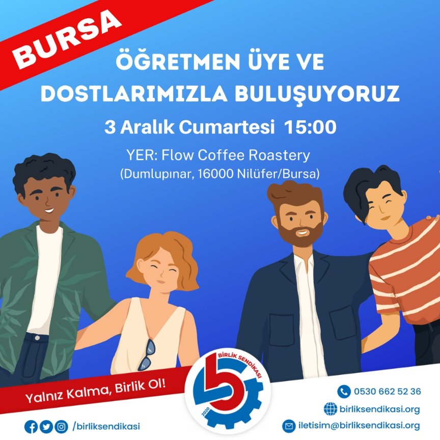 ✊Sendikamız büyüyor, özel kurumlarda çalışan öğretmenler güçleniyor! 🔴Bursa'da öğretmen üye ve dostlarımızla buluşuyoruz. 📅3 Aralık Cumartesi 15.00 📌Flow Coffee Roastery (Dumlupınar, 16000, Nilüfer)