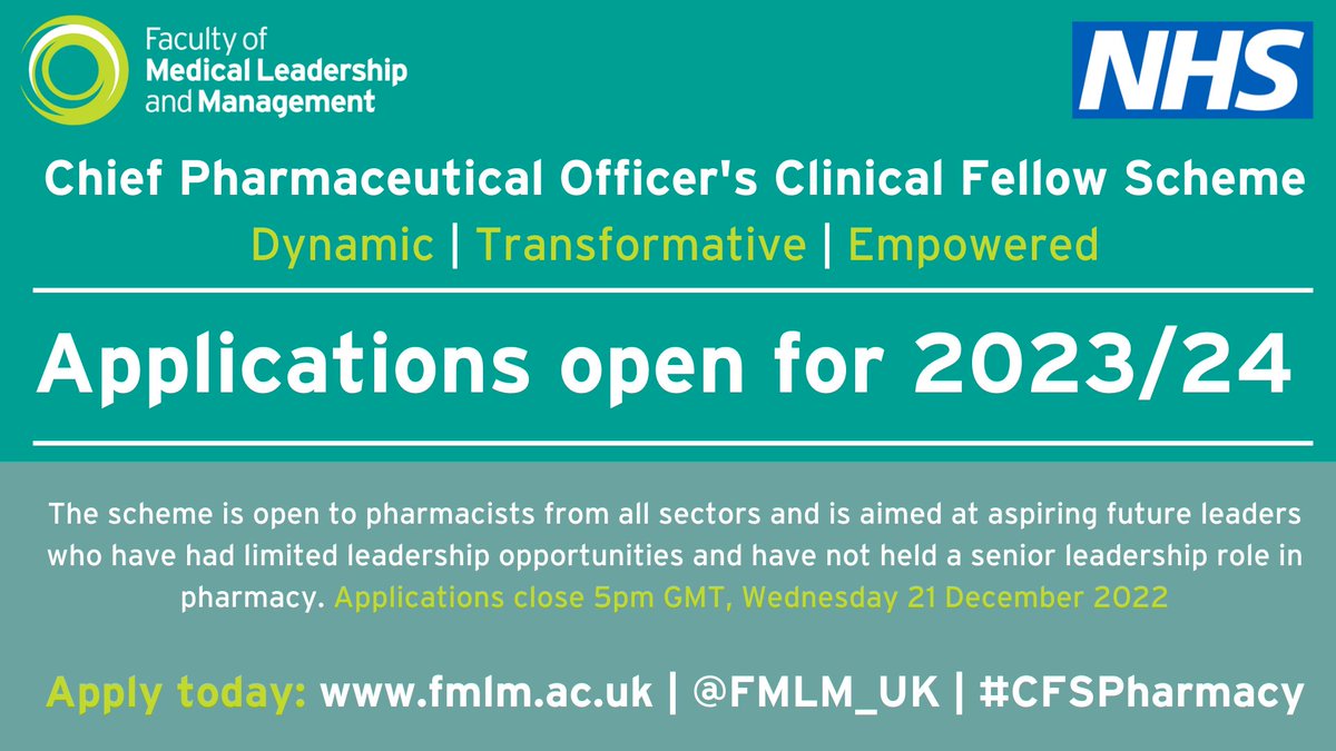 Royal Pharmaceutical Society (@rpharms) on Twitter photo Applications are now open for the Chief Pharmaceutical Officer’s Clinical Fellow Scheme for 2023/24.
This is an excellent opportunity for pharmacists from all sectors to develop leadership their skills - find out more: fmlm.ac.uk/CFS-pharmacy
<a href="/FMLM_UK/">Faculty of Medical Leadership and Management</a> <a href="/NHSEngland/">NHS England</a> #CFSPharmacy Applications are now open for the Chief Pharmaceutical Officer’s Clinical Fellow Scheme for 2023/24.
This is an excellent opportunity for pharmacists from all sectors to develop leadership their skills - find out more: fmlm.ac.uk/CFS-pharmacy
<a href="/FMLM_UK/">Faculty of Medical Leadership and Management</a> <a href="/NHSEngland/">NHS England</a> #CFSPharmacy