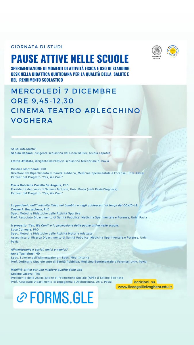 La rete per le pause attive nelle scuole, di cui il liceo Galilei è capofila il 7 dicembre prossimo propone un convegno  sia in presenza al cinema teatro Arlecchino di Voghera, sia online. L’iscrizione si effettua a questo link:forms.gle/FigboMN325au24…