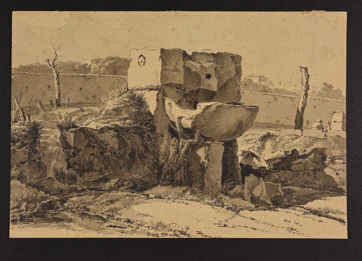 This drawing is by the French artist Jean-Antoine Constantin known as Constantin d’Aix (1756-1844). He used brown or grey wash, and pen and ink. The wash in the background is less detailed and lighter to convey depth, while parallel lines in pen and ink emphasize the shadows.