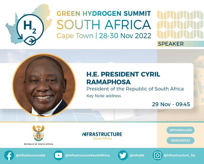 SAgovnews's tweet photo. [HAPPENING TODAY] President @CyrilRamaphosa will officially open the #GreenHydrogenSummit in Cape Town. The Summit showcases South Africa’s offering as a large-scale, low cost, world class green hydrogen production hub and total value chain investment destination. https://t.co/eUmBFTN6DA