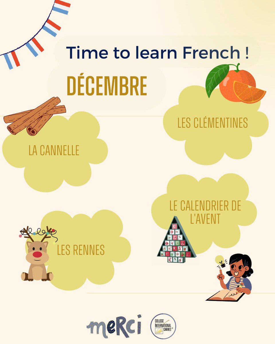 Learn in french - #December special 🎄

We can't wait to welcome December soon!
Time to eat cinnamon cakes with clementines, open our advent calendar, and wait for the reindeer to pass through the sky 🎅❤️

#cannesisyours #studyabroad #frenchincannes