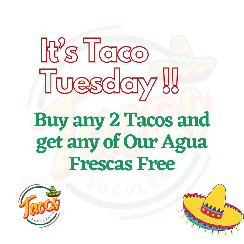 Hola Amigos, it’s #TacoTuesday and we have a free cup of Agua Fresca for every two tacos ordered.

#wcw #tacossuculento #TacoTuesday #Freebies  #love #beautiful #photography  #travel #style #friends #girl #food #fun #life #music #foodporn #Mexico #Mexican #PortHarcort #PH #Tacos