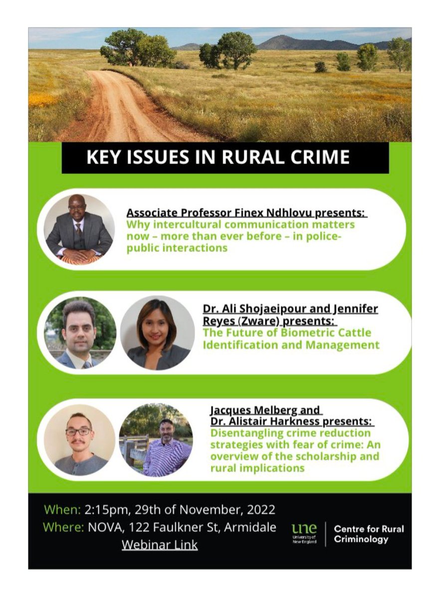 j_mellberg's tweet photo. Today I presented findings and recommendations from my #PhD research on #FearOfCrime for @RuCrim's Key Issues in Rural Crime seminar. I outlined evidence-based strategies for managing fear of crime in the community #ruralcriminology @CrimeJusticeQUT @QUTJusticeHDR https://t.co/ES0lX6zyhE